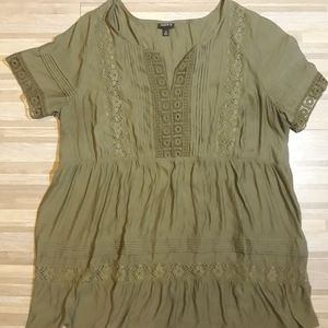 Torrid Olive Pintuck Eyelet Babydoll Blouse Sz 2